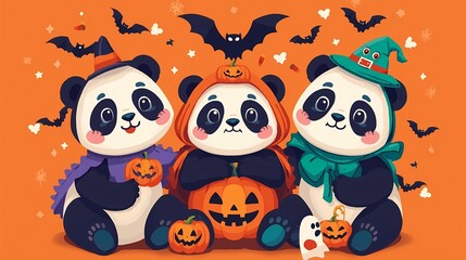 Halloween Panda - Three cute pandas in Halloween costumes with pumpkins and bats.