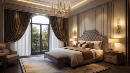 Luxurious bedroom interior design with classic architectural details.