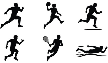 Silhouettes of athletes running, playing sports, throwing ball, tennis player in action, frisbee diving, fitness, dynamic sports poses, energetic movement