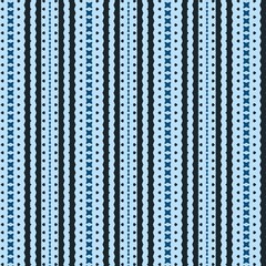 This seamless geometric pattern features abstract vertical stripes with star and stitch-like motifs, creating a detailed ethnic design in a monochromatic blue palette