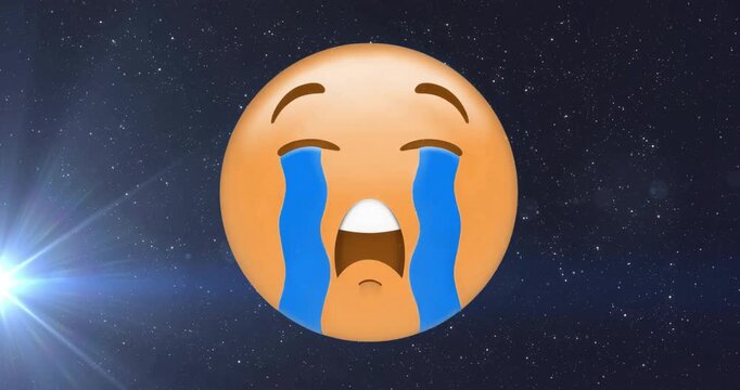 Crying emoji emerging from starry space flowing blue tears and lens flare glowing evoking calm mood