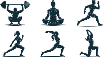 Silhouettes of man and woman exercising, weightlifting, yoga meditation, running, stretching, lunges, fitness workout, healthy lifestyle, athletic training, sports activity