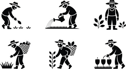 Silhouettes of farmer gardening, planting seeds, watering plants, harvesting vegetables, outdoor agriculture, rural farming, organic gardening, healthy crops, farm work, nature cultivation