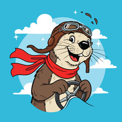 A cheerful cartoon otter aviator wearing a pilot helmet and a flowing red scarf. © Vira