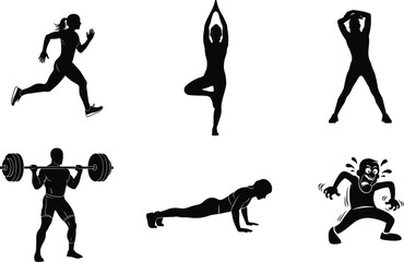Silhouettes of People Exercising, Running, Weightlifting, Yoga, Push-ups, Stretching, Fitness Workout Icons, Gym and Health Activity Illustration