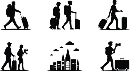 Silhouettes of travelers walking with luggage, tourists with backpacks and suitcases, cityscape skyline, vacation, travel photography, adventure, tourism, exploration