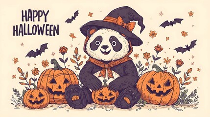 Happy Helloween Panda - Cute panda with pumpkins and bats for Halloween.