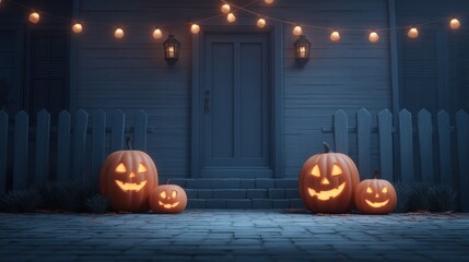 Obraz premium Spooky Halloween Night with Illuminated Pumpkins and String Lights at Residential Doorstep