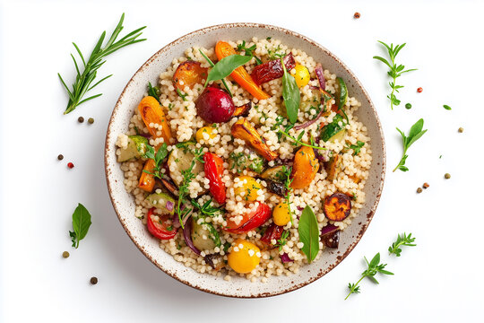 Top view of couscous salad with roasted veggies and herbs isolated on white background