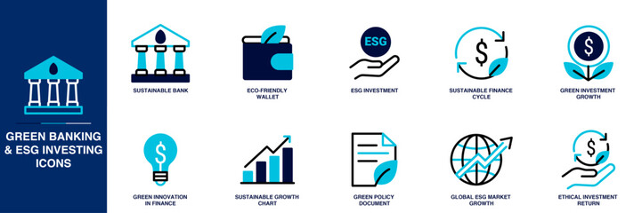 Obraz premium Green Banking & ESG Investing Blue Colored Outline Icon Set