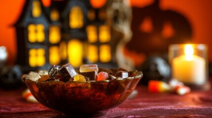 A vintage candy bowl filled with treats on a crimson tablecloth, evoking a nostalgic yet eerie Halloween mood.
