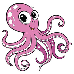 A pink cartoon octopus with large eyes, a cheerful expression, white spots, and eight tentacles, some curled, in a playful style.