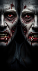 Naklejka premium Frightening vampire faces with pale skin, red glowing eyes, sharp fangs, and blood dripping from mouths, horror and dark atmosphere, close up portrait