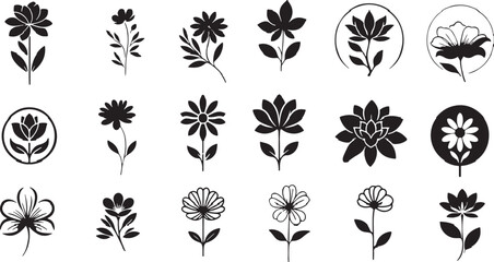 flower, floral, blossom, bloom, petal, leaf, stem, nature, botanical, garden, plant, silhouette, icon, design, element, graphic, set, collection, isolated, white background, outline, simple, decorativ