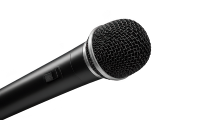 Black handheld microphone isolated on transparent PNG background