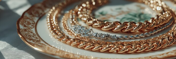 Elegant display of gold necklaces on a decorative plate in a bright setting during daylight