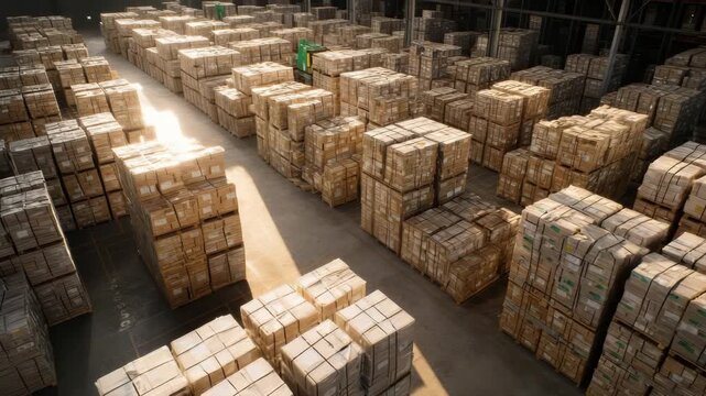 Warehouse filled with packed boxes in afternoon light