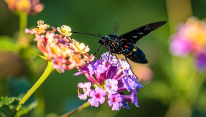 Graceful black moth sips nectar from vibrant lantana blossoms on a summer day