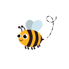 Happy cartoon bee with yellow and black stripes, flying with wings, isolated on white vector illustration, perfect for children’s books and nature design