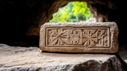 Ancient carved stone block discovered near cave entrance showcasing intricate patterns