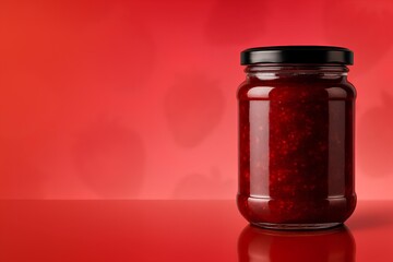 Delicious homemade strawberry jam in a glass jar with a black lid against a vibrant red background ready for a tasty breakfast treat