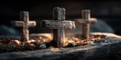 Wooden crosses placed on soil in a dimly lit area symbolizing remembrance and mourning during a memorial event