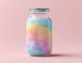 Jar filled with a swirling rainbow of pastel colors, set against a pale pink backdrop