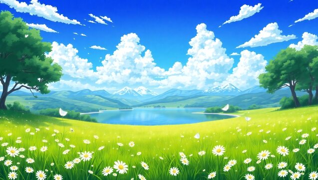 Vibrant anime landscape with a serene lake and rolling green hills under a blue sky