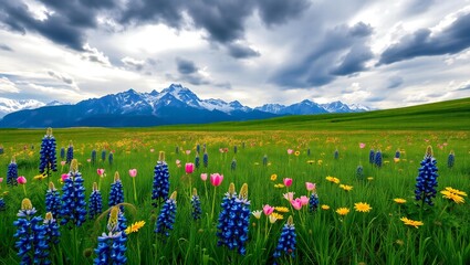 Vibrant wildflower meadow with lupine and pink flowers set against majestic mountains under a dramatic sky
