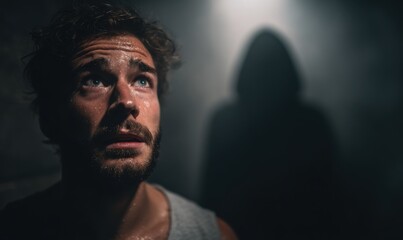 Man looking upward in a dimly lit space