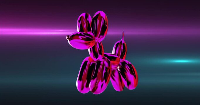On digital studio opening metallic pink balloon dog sculpture rotating showcasing neon reflections
