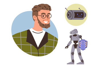 Smiling man alongside a small chatbot and humanoid robot holding a shield. Ideal for AI, technology, innovation, teamwork, robotics, modern development, future vision. Simple flat metaphor