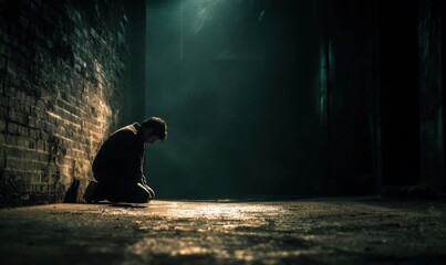 A man kneeling in a dark alley