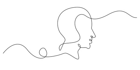 Continuous line drawing of a human face profile in minimalist style, symbolizing simplicity, creativity, and abstract art, perfect for modern design, posters, branding, and contemporary projects
