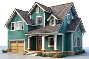 Detailed architectural model of a charming two story green clapboard house with a porch and garage isolated on white background