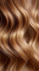 Fototapeta premium Closeup of shiny, wavy golden brown hair showcasing texture and shine, perfect for beauty, fashion, and haircare themes.