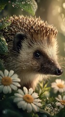 Fototapeta premium Close encounter with a hedgehog among daisies in a serene garden setting during early morning
