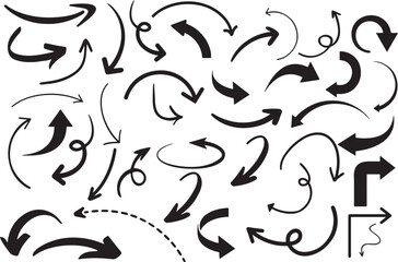 arrow, direction, pointer, graphic, design, element, hand-drawn, doodle, illustration, collection, set, curved, straight, spiral, dashed, pointing, movement, navigation, symbol, shape, abstract, black