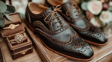 Elegant Brown Brogue Shoes with Vintage Jewelry on Rustic Table