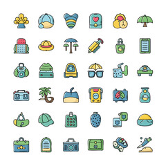 Colorful handdrawn icon set for travel summer and vacation themes.