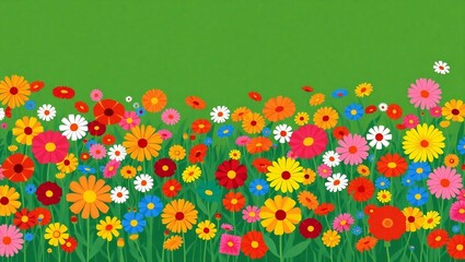 Vibrant meadow of wildflowers in full bloom against a green field