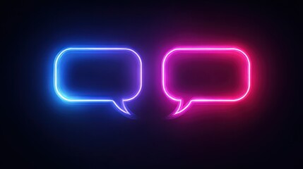Two neon chat bubbles glow against dark background; blue & pink hues