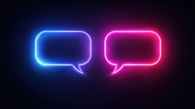 Two neon chat bubbles glow against dark background; blue & pink hues