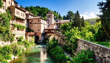 Picturesque Italian Village With River and Lush Greenery.