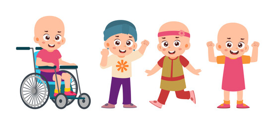 Set of cute little bald kids cartoon characters with various activities, bald kid raising hand wearing headscarf, running wearing headband, bald kid sitting in a wheelchair.