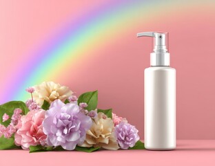 Bottle with dispenser, floral accents, and rainbow background