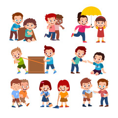 Set of cute little kids helping friend cartoon characters, support kindness together trust kid helping carry box, falling, injury, pulling box, share blanket, umbrella, walking hand in hand, cleaning.
