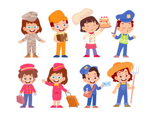 Set of cute little kids profession job worker cartoon kids dressed in professions Career role play characters with uniform, bellhop, courier, police, postman, cabin crew, chef, farmer, soldier.
