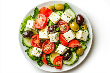 Top view of Greek salad with feta cubes, olives, and tomatoes isolated on white background