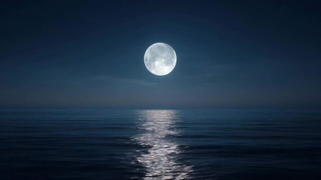 Bright moonlight casting shimmering reflections on calm ocean water